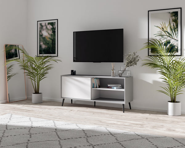 Up to 60" TV Stand | Retro Modern | White & Grey | "Atlanta" | TV Stand with Concealed Storage