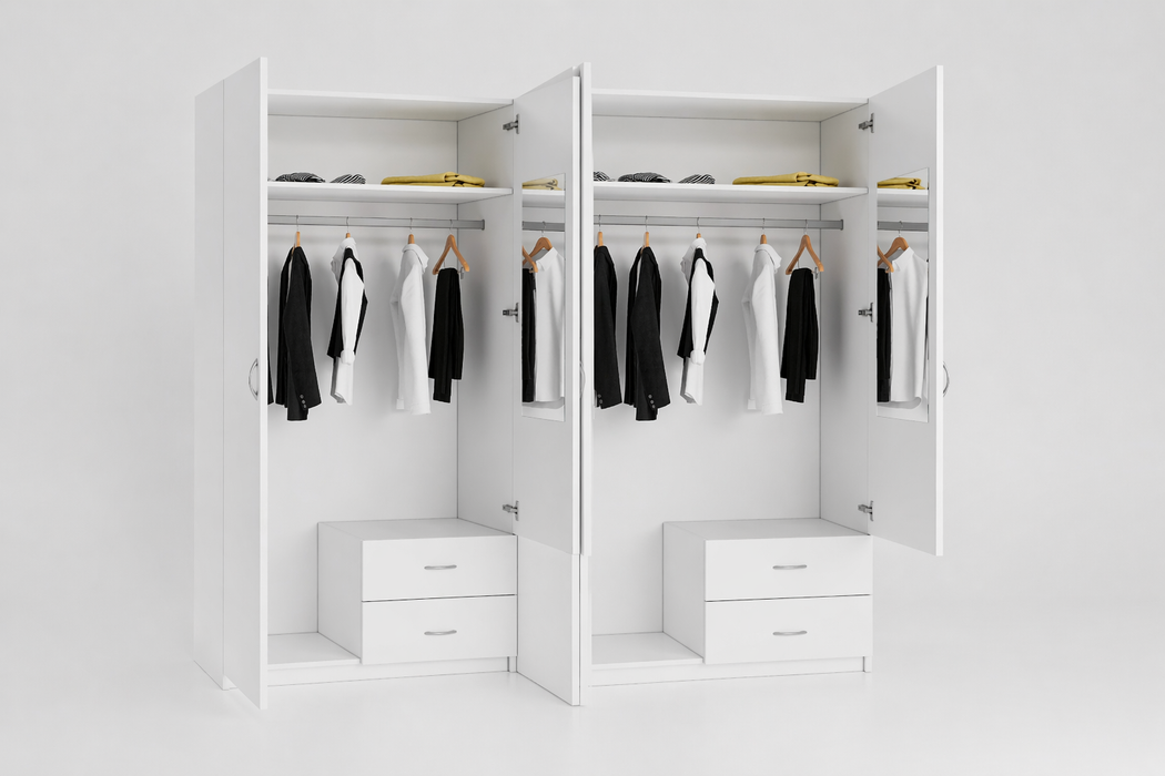 Monaco 71" Double Door Wardrobe Closet with Drawers, Hanging Rod & Mirror