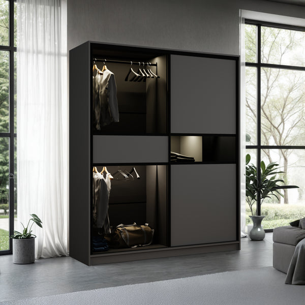Dream Modern Sliding Door Closet, Graphite Glass | 80W x 25D x 85H, LED, 3 Rods