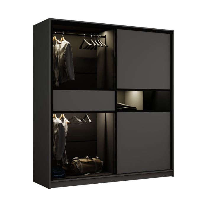 Dream Modern Sliding Door Closet, Graphite Glass | 80W x 25D x 85H, LED, 3 Rods