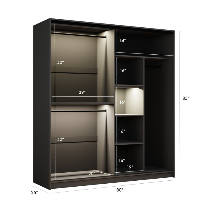 Dream Modern Sliding Door Closet, Graphite Glass | 80W x 25D x 85H, LED, 3 Rods