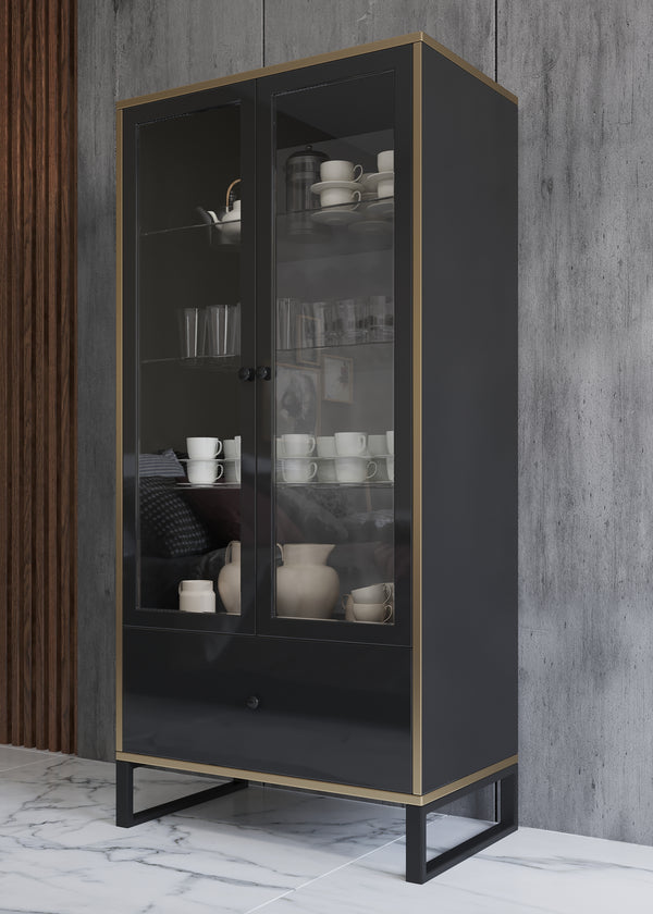 Gloss Modern Small China Cabinet in White & Black 63" High