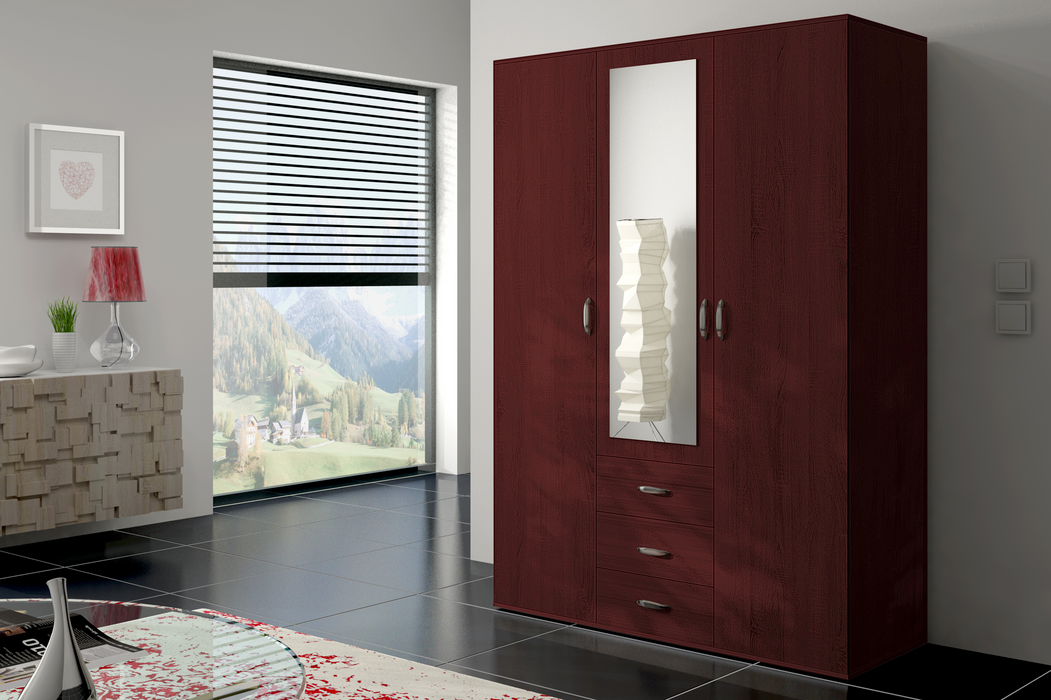 Orlando 3-Door, 2,3 or 4 Drawer Wardrobe with Mirror Armoire in Gray, Black, Wenge, White Colors
