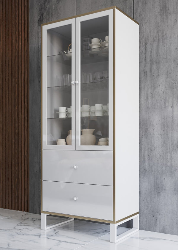 Gloss Modern Large China Cabinet in White & Black 73" High
