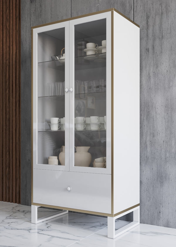 Gloss Modern Small China Cabinet in White & Black 63" High