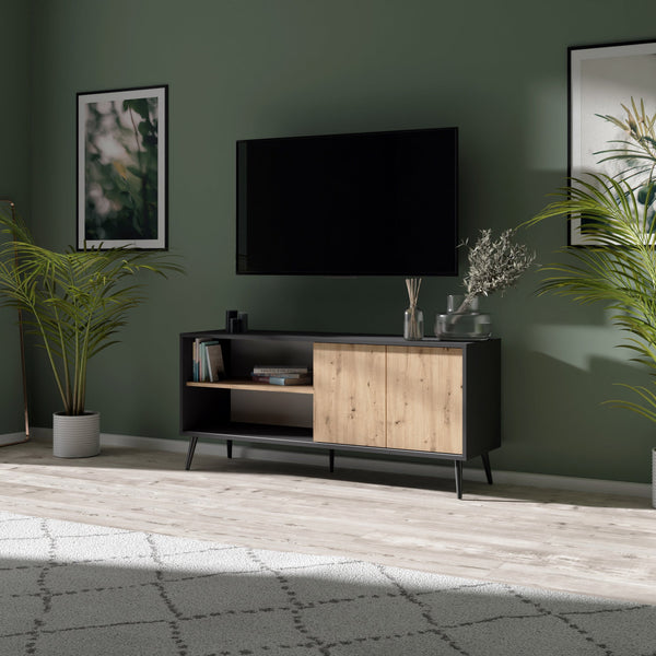 Up to 60" TV Stand | Retro Modern | Oak & Black | "Toronto" | TV Stand with Concealed Storage