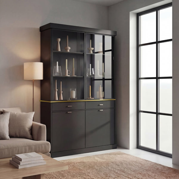 NISA Modern Display Cabinet with Glass Doors, Storage Drawers, and Lower Cabinet Storage