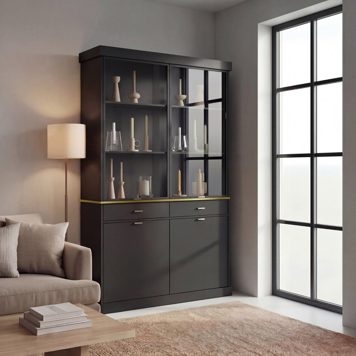 NISA Modern Display Cabinet with Glass Doors, Storage Drawers, and Lower Cabinet Storage