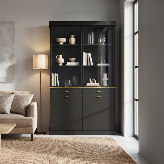 NISA Modern Display Cabinet with Glass Doors, Storage Drawers, and Lower Cabinet Storage