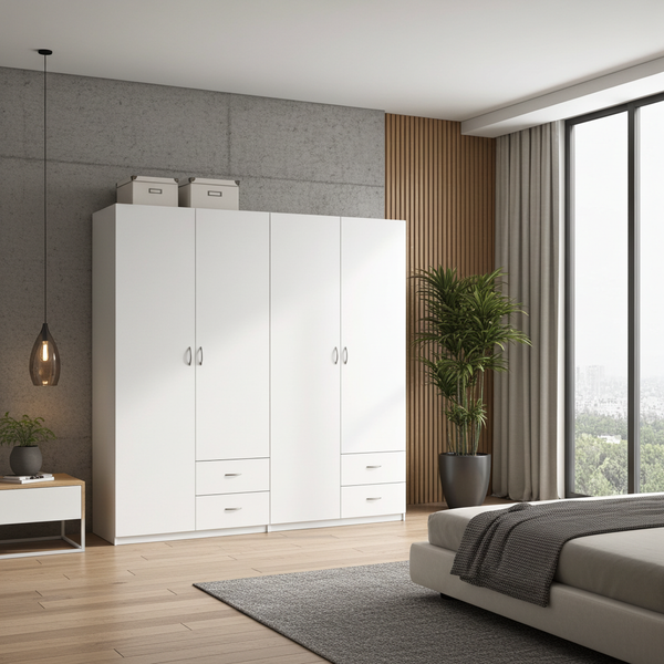 Monaco 71" Double Door Wardrobe Closet with Drawers, Hanging Rod & Mirror
